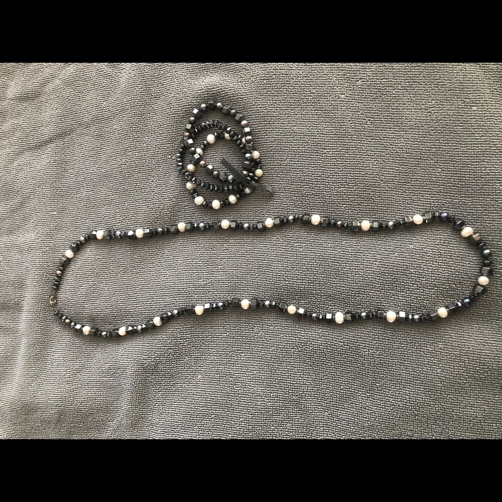 Faux Pearl, Shiny Black and Silver Necklace and Bracelet Set